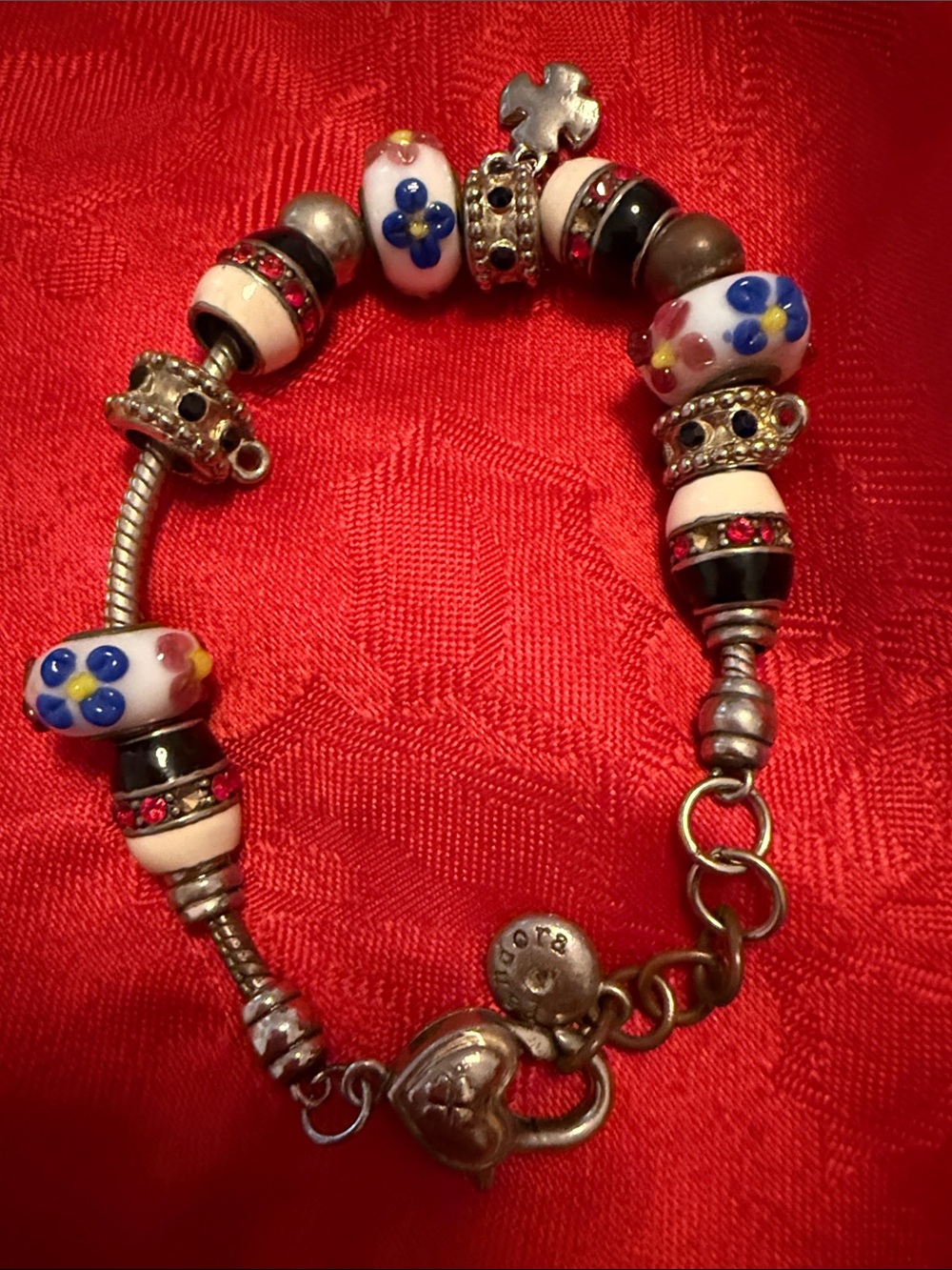 Pandora Floral Glass Bead Charm Bracelet in White, Blue & Black
